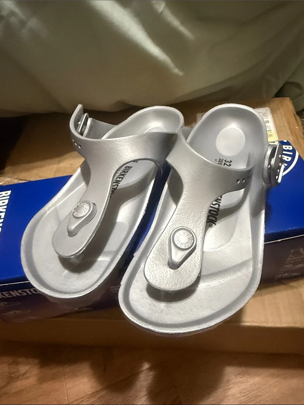 Birkenstock Kids Metallic Silver T-Strap Sandals